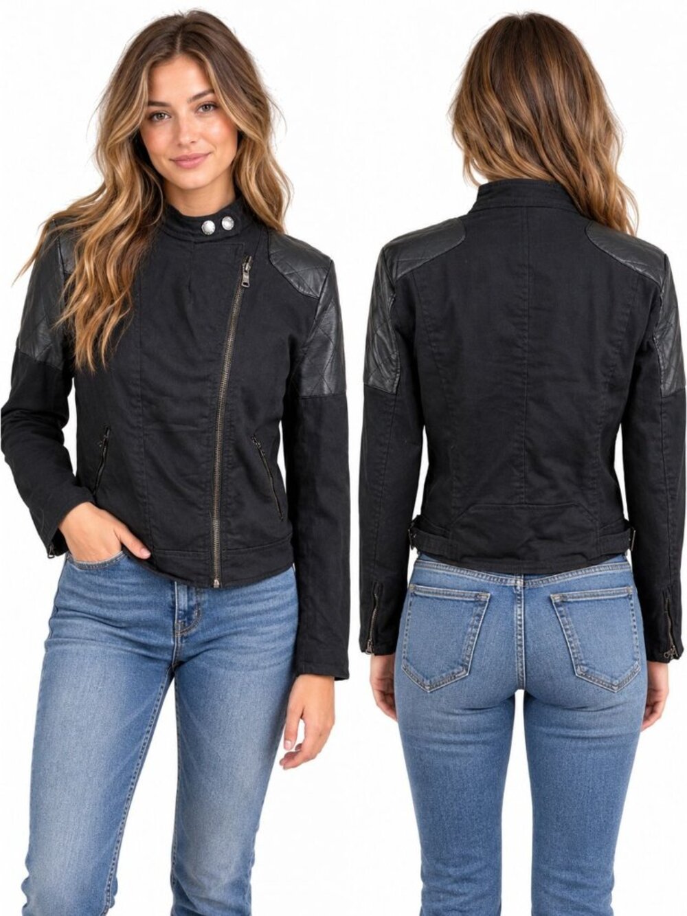 Lauren Jeans Co Black Moto Jacket Womens 10P Faux Leather Quilted Belted Zip